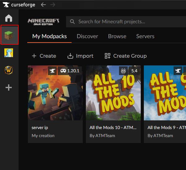 CurseForge My Modpacks screen